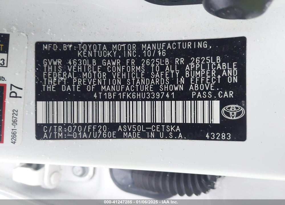 2017 TOYOTA CAMRY VIN: 4T1BF1FK6HU339741