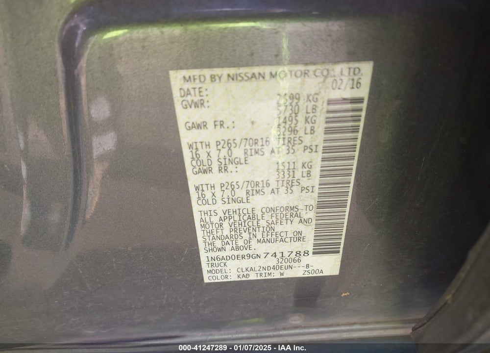 2016 NISSAN FRONTIER VIN: 1N6AD0ER9GN741788