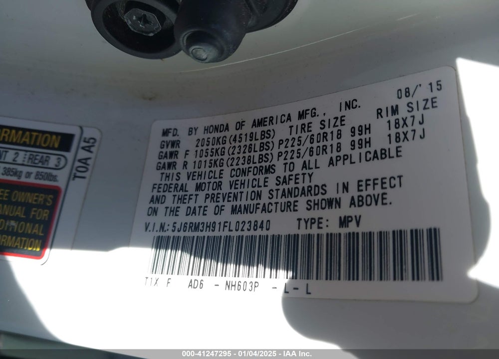 2015 HONDA CR-V TOURING VIN: 5J6RM3H91FL023840