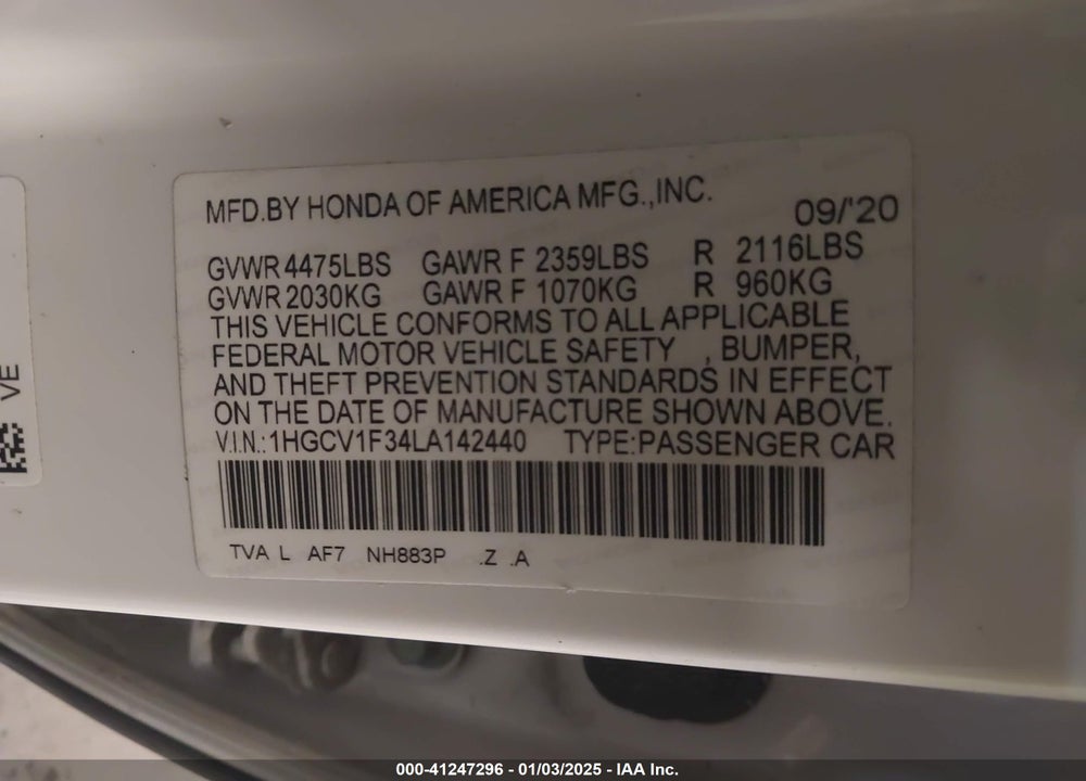 2020 HONDA ACCORD SPORT VIN: 1HGCV1F34LA142440