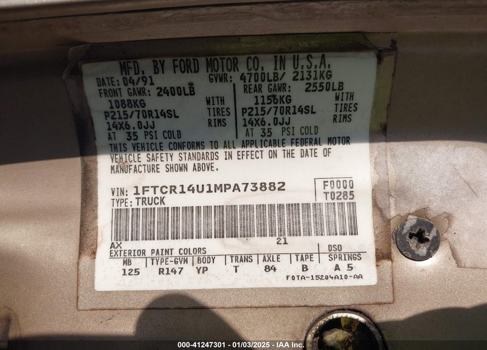 1991 FORD RANGER VIN: 1FTCR14U1MPA73882