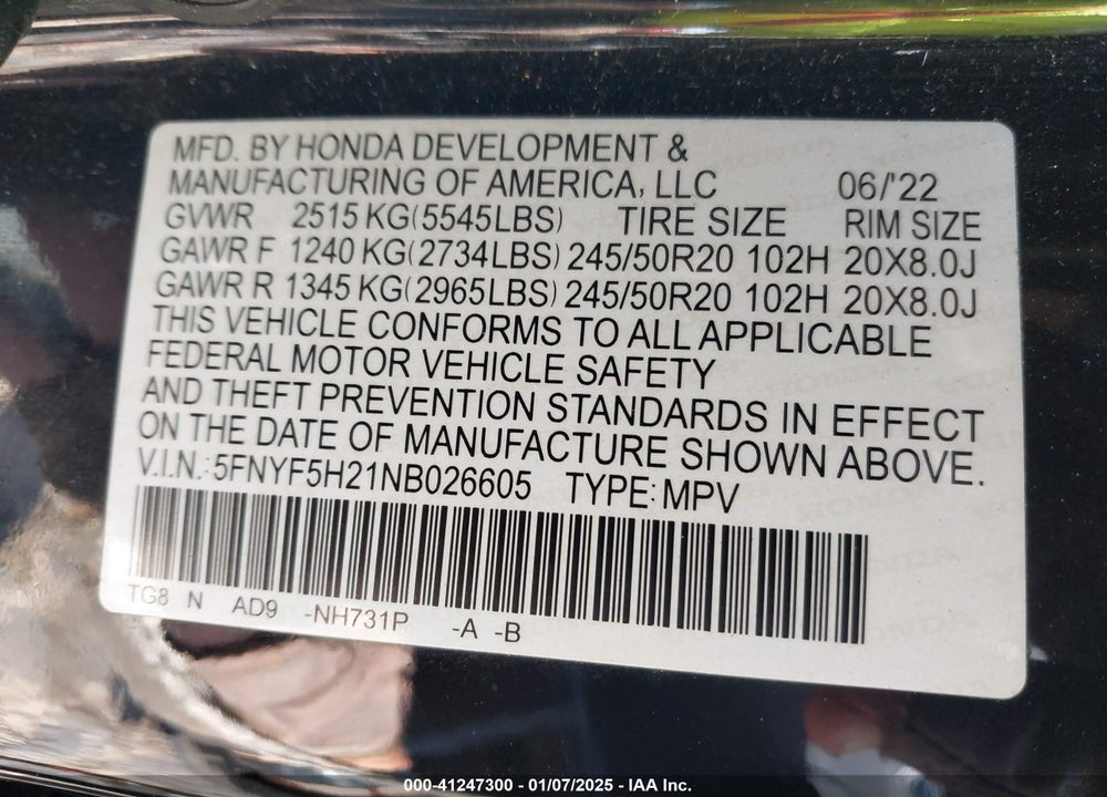 2022 HONDA PILOT 2WD SPECIAL EDITION VIN: 5FNYF5H21NB026605