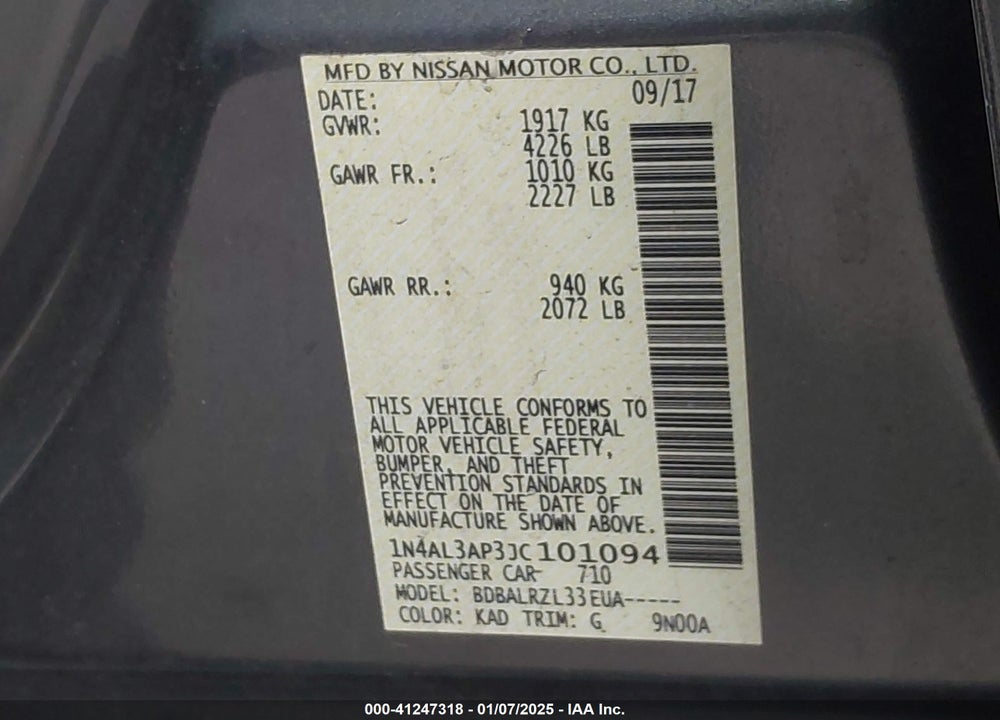 2018 NISSAN ALTIMA VIN: 1N4AL3AP3JC101094