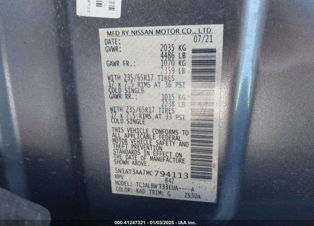 2021 NISSAN ROGUE S FWD VIN: 5N1AT3AA7MC794113