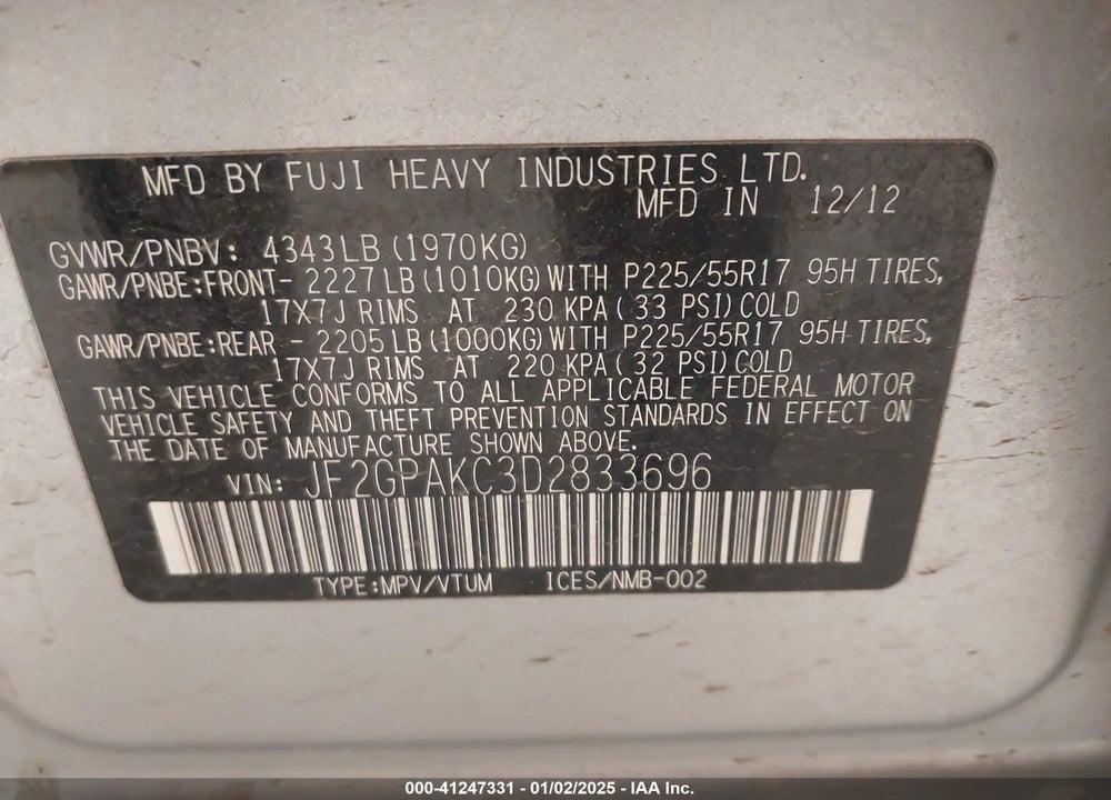 2013 SUBARU XV CROSSTREK 2.0I LIMITED VIN: JF2GPAKC3D2833696