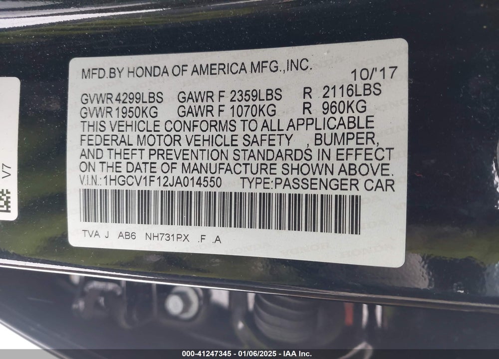 2018 HONDA ACCORD LX VIN: 1HGCV1F12JA014550