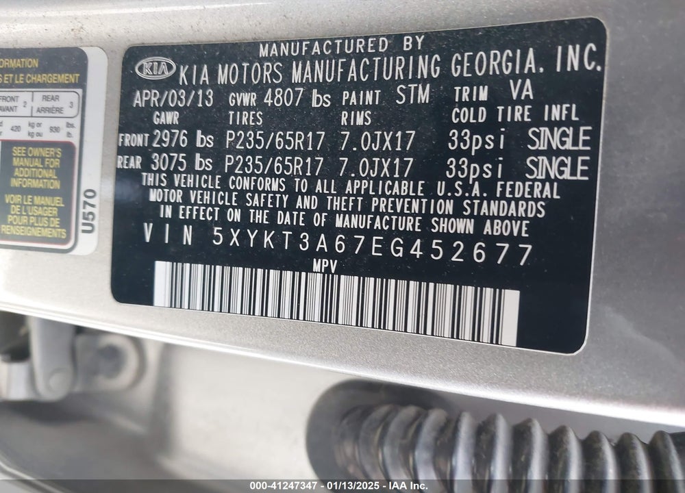 2014 KIA SORENTO LX VIN: 5XYKT3A67EG452677