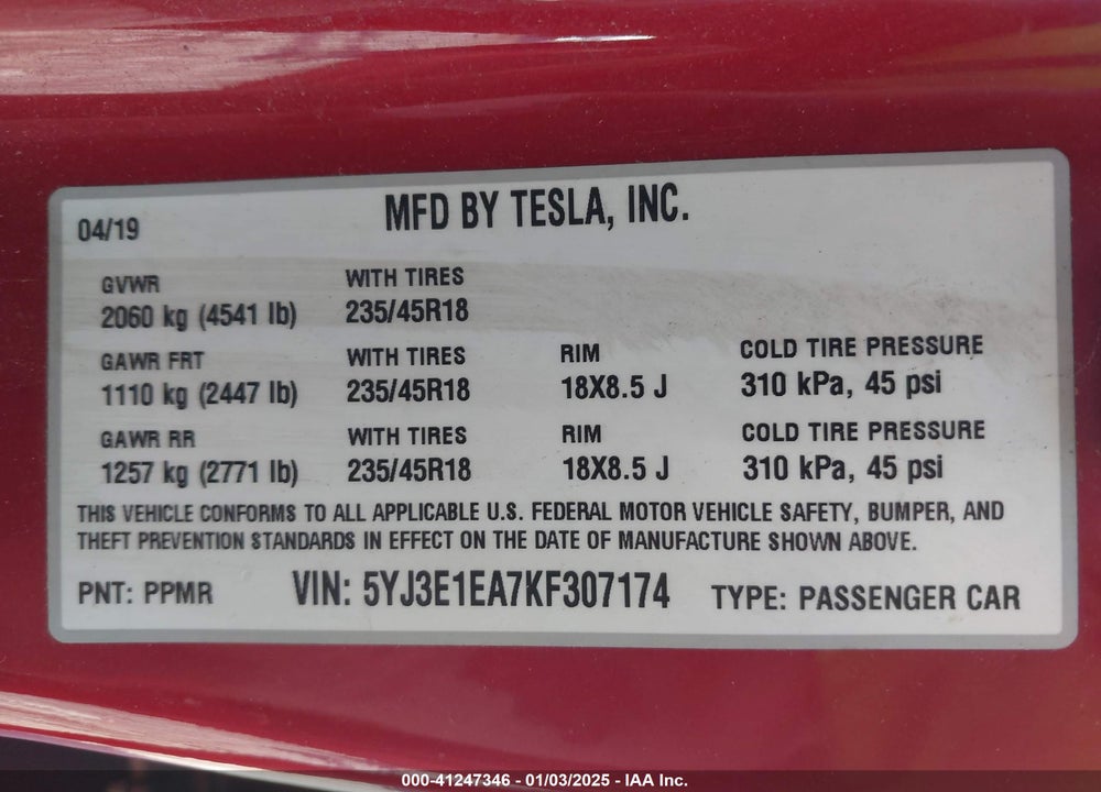 2019 TESLA MODEL 3 VIN: 5YJ3E1EA7KF307174