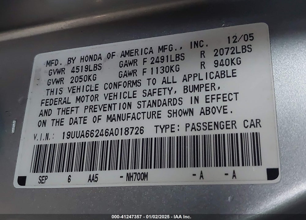2006 ACURA TL VIN: 19UUA66246A018726