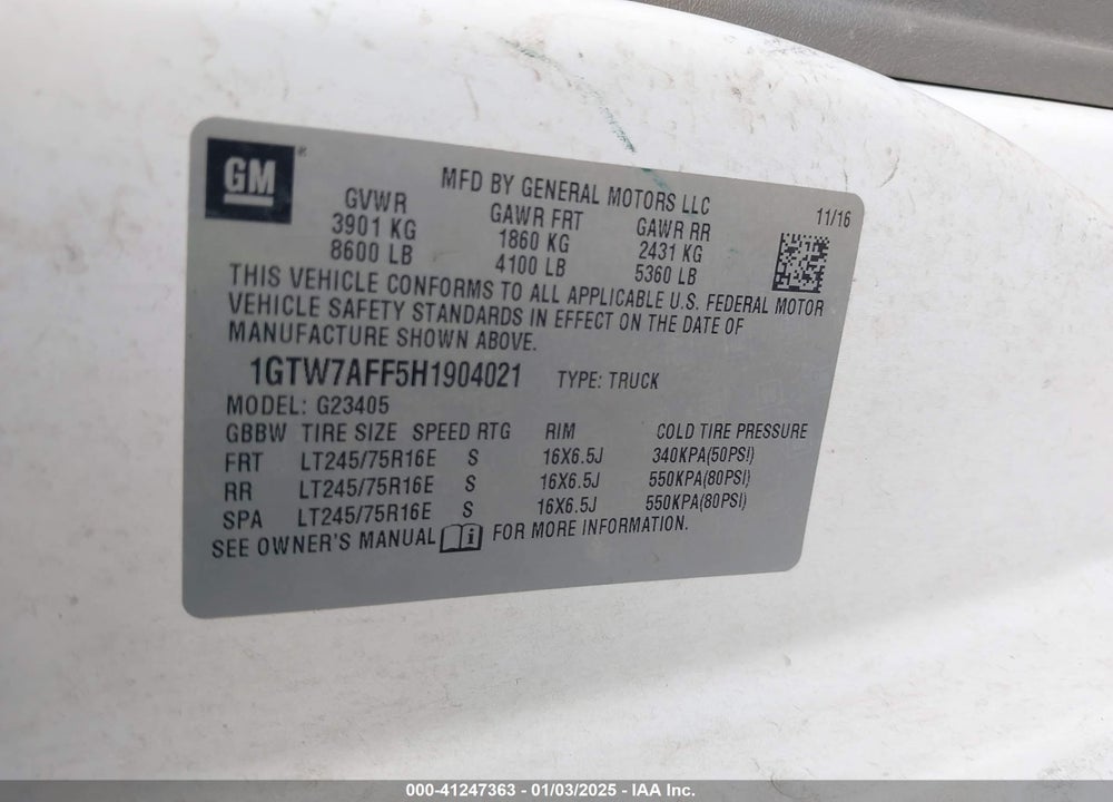 2017 GMC SAVANA 2500 WORK VAN VIN: 1GTW7AFF5H1904021