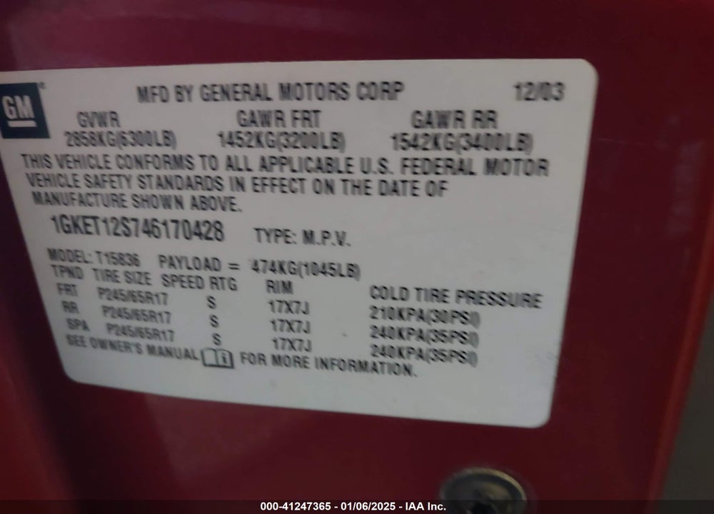 2004 GMC ENVOY XUV SLE VIN: 1GKET12S746170428