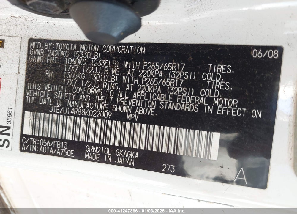 2008 TOYOTA 4RUNNER VIN: JTEZU14R88K022009