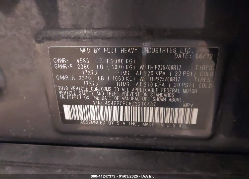 2013 SUBARU OUTBACK 2.5I LIMITED VIN: 4S4BRCPC6D3210487