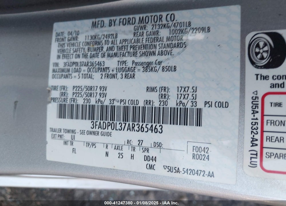 2010 FORD FUSION HYBRID VIN: 3FADP0L37AR365463