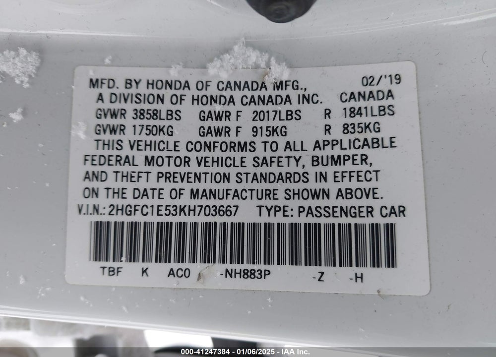 2019 HONDA CIVIC SI VIN: 2HGFC1E53KH703667