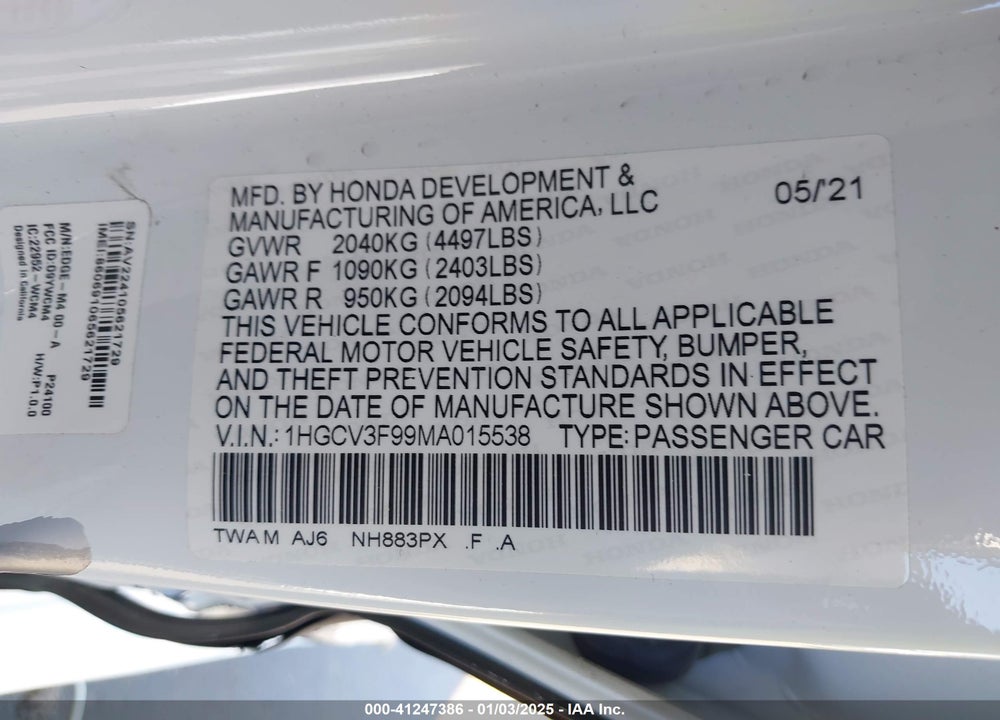 2021 HONDA ACCORD HYBRID TOURING VIN: 1HGCV3F99MA015538