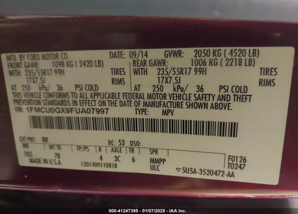 2015 FORD ESCAPE SE VIN: 1FMCU0GX9FUA07997