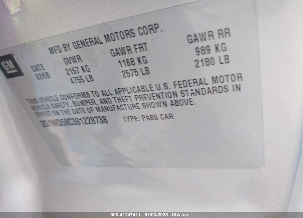 2008 CHEVROLET IMPALA VIN: 2G1WD58C381228738