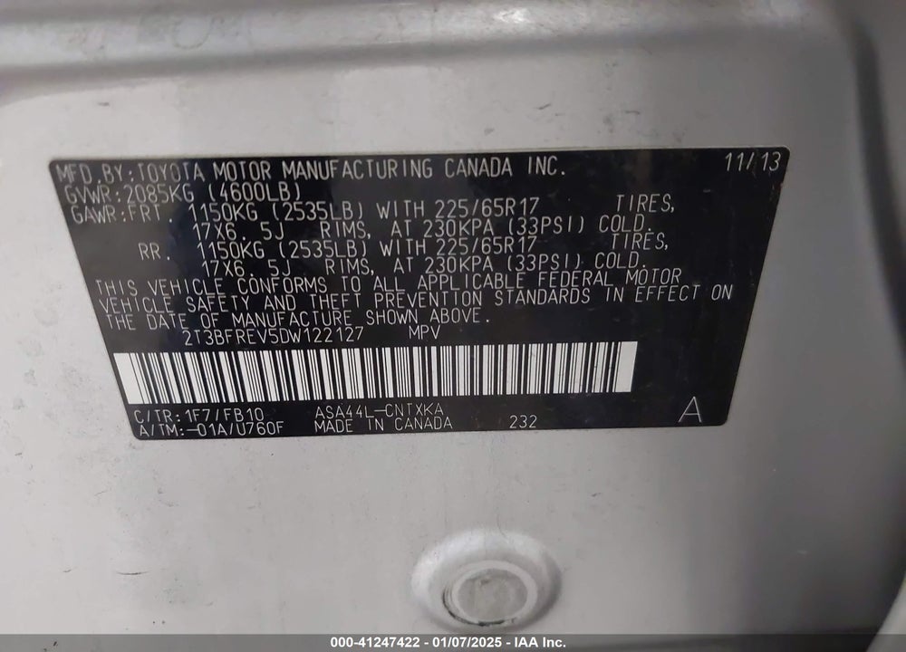 2013 TOYOTA RAV4 LE VIN: 2T3BFREV5DW122127