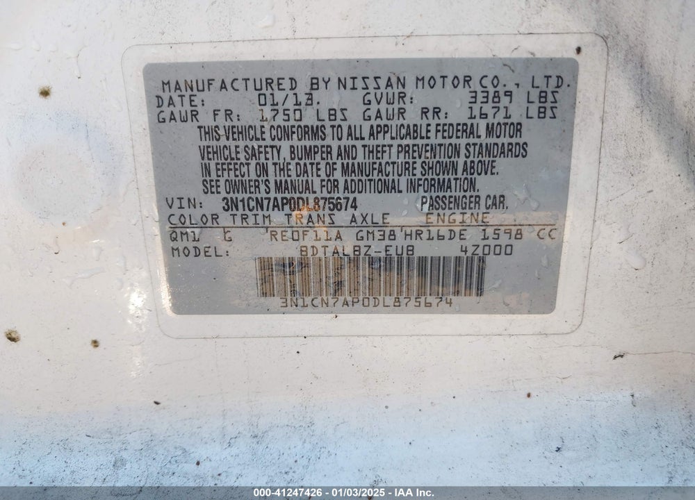 2013 NISSAN VERSA 1.6 SV VIN: 3N1CN7AP0DL875674