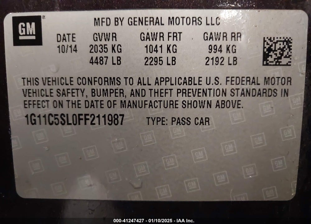 2015 CHEVROLET MALIBU VIN: 1G11C5SL0FF211987
