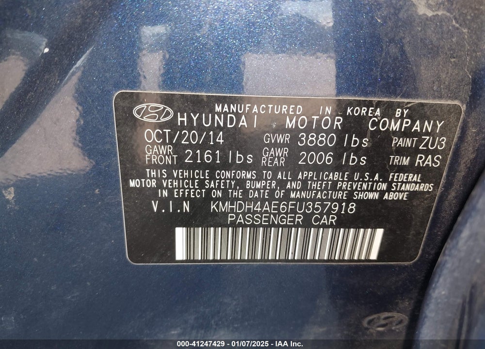 2015 HYUNDAI ELANTRA SE VIN: KMHDH4AE6FU357918