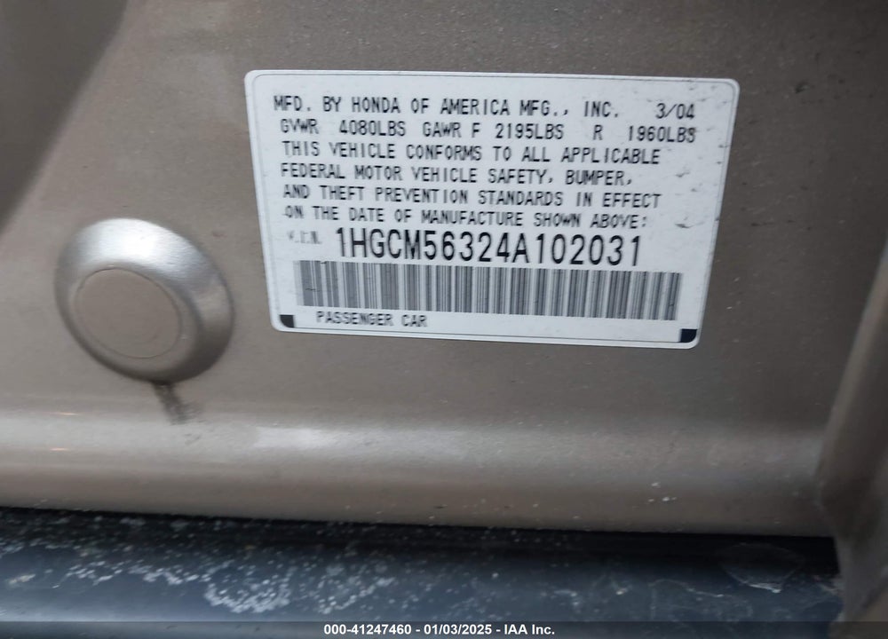 2004 HONDA ACCORD 2.4 LX VIN: 1HGCM56324A102031