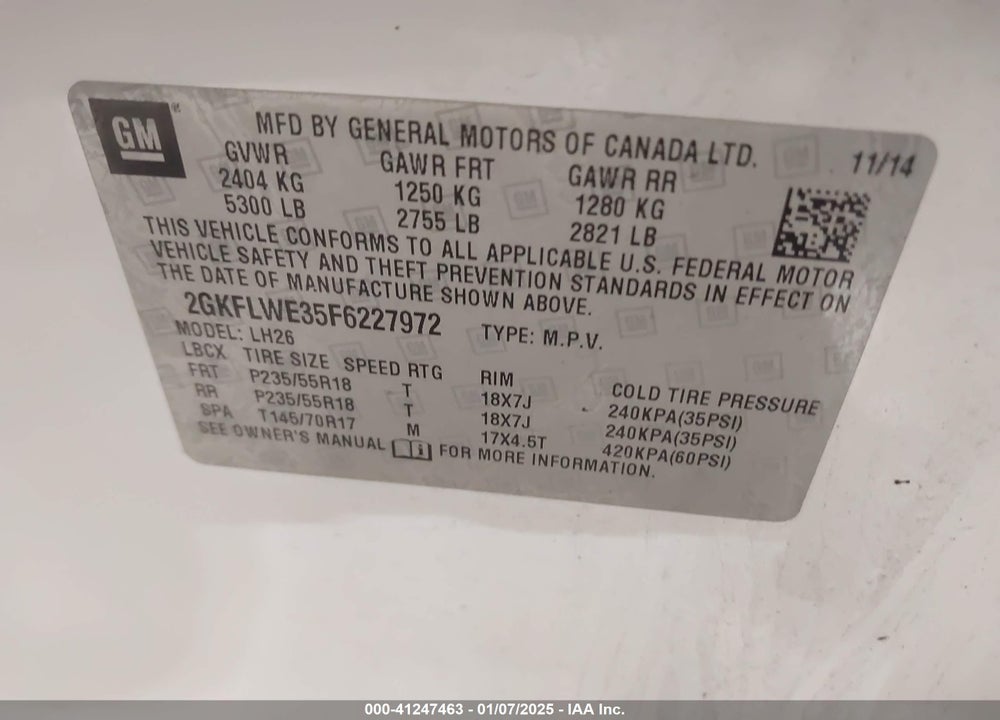 2015 GMC TERRAIN SLE-2 VIN: 2GKFLWE35F6227972