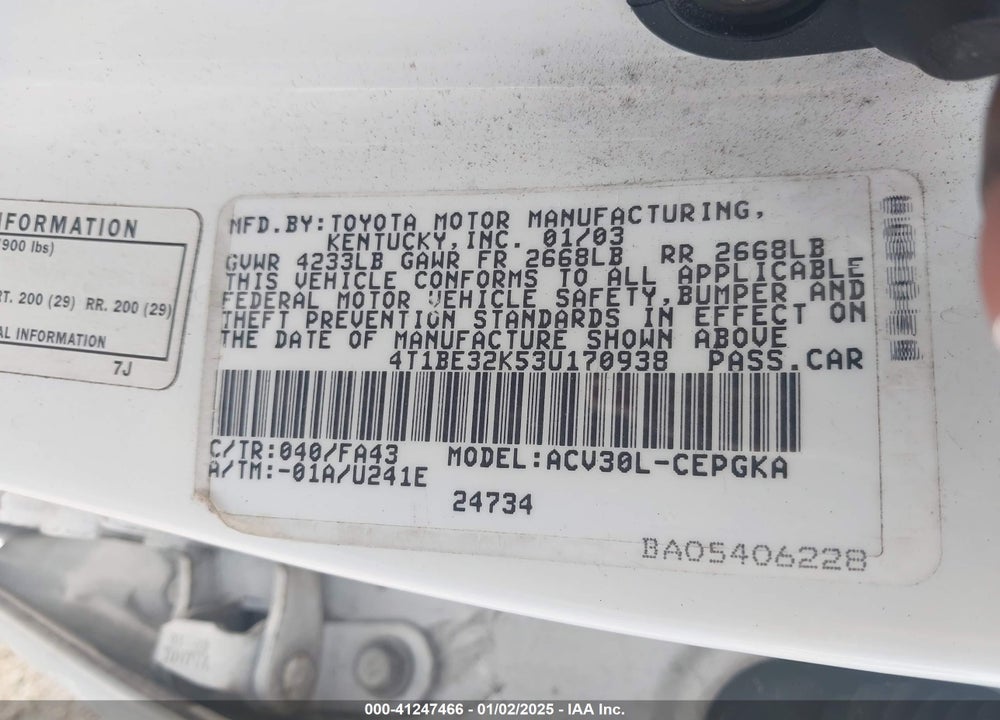 2003 TOYOTA CAMRY XLE VIN: 4T1BE32K53U170938