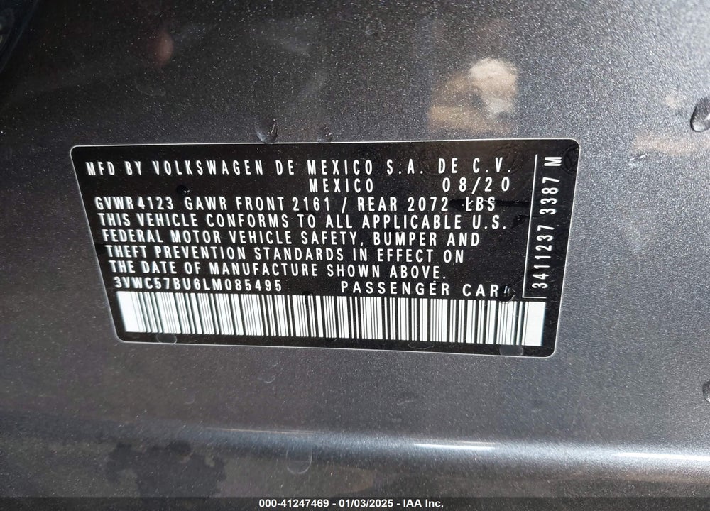 2020 VOLKSWAGEN JETTA VIN: 3VWC57BU6LM085495