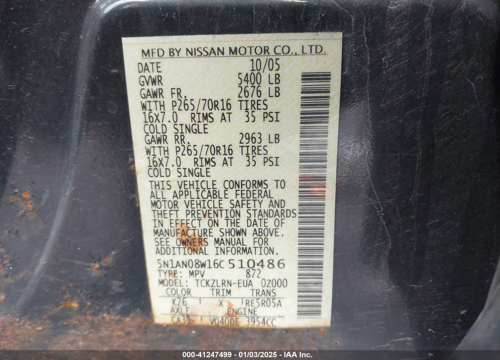 2006 NISSAN XTERRA S VIN: 5N1AN08W16C510486