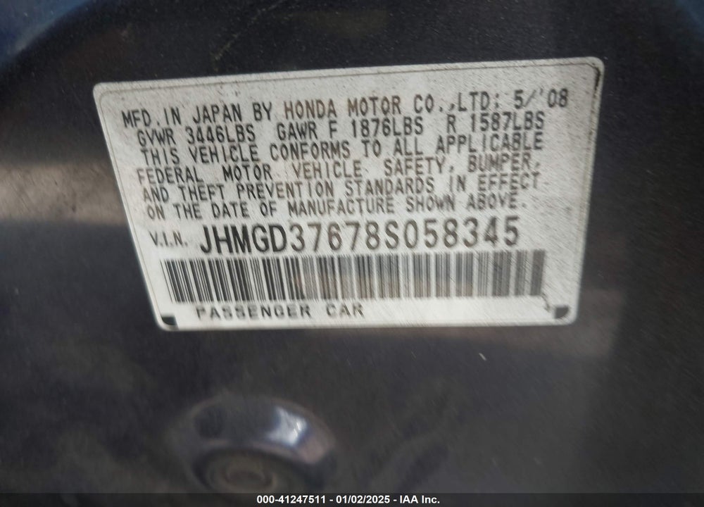 2008 HONDA FIT VIN: JHMGD37678S058345