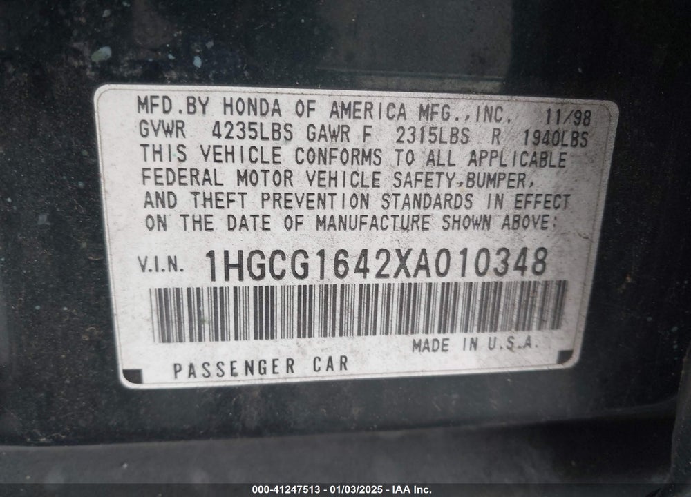 1999 HONDA ACCORD LX V6 VIN: 1HGCG1642XA010348