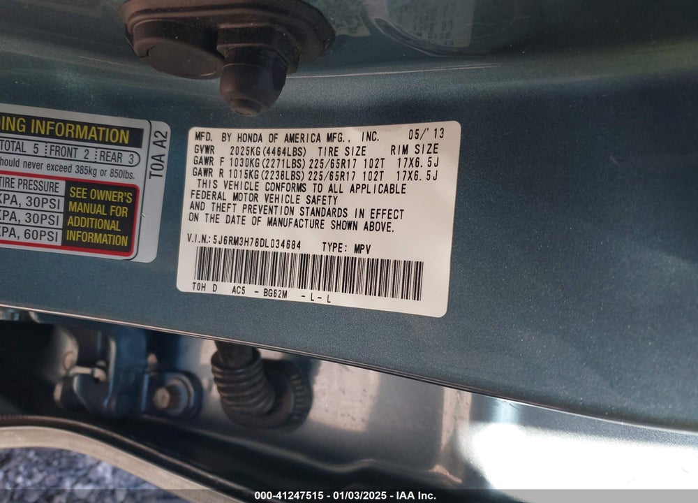 2013 HONDA CR-V EX-L VIN: 5J6RM3H78DL034684