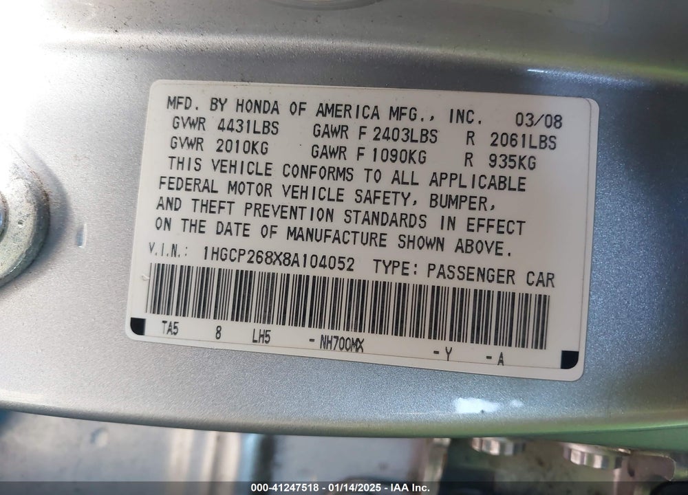 2008 HONDA ACCORD VIN: 1HGCP268X8A104052