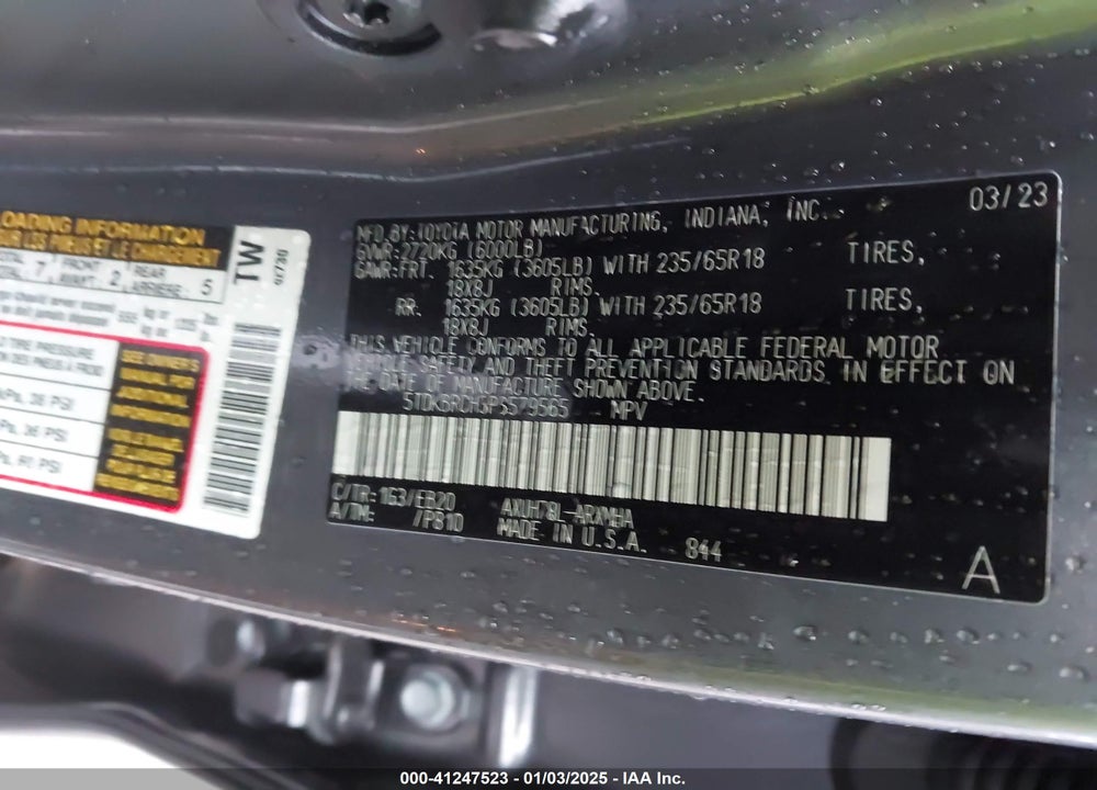 2023 TOYOTA HIGHLANDER HYBRID XLE VIN: 5TDKBRCH3PS579565