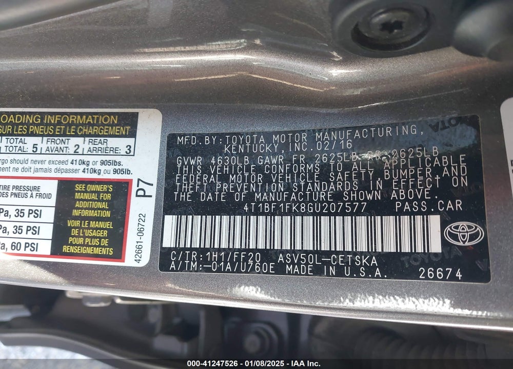 2016 TOYOTA CAMRY VIN: 4T1BF1FK8GU207577
