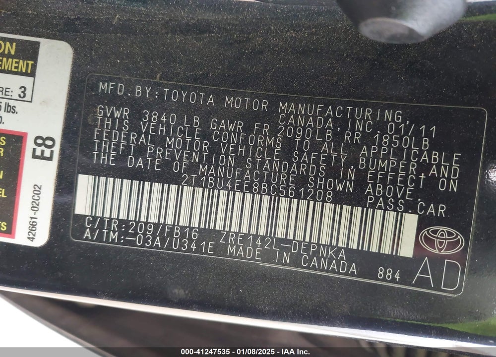 2011 TOYOTA COROLLA LE VIN: 2T1BU4EE8BC561208