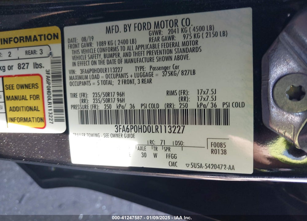 2020 FORD FUSION SE VIN: 3FA6P0HD0LR113227