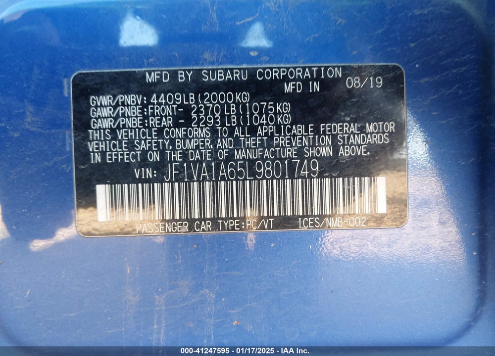 2020 SUBARU WRX VIN: JF1VA1A65L9801749