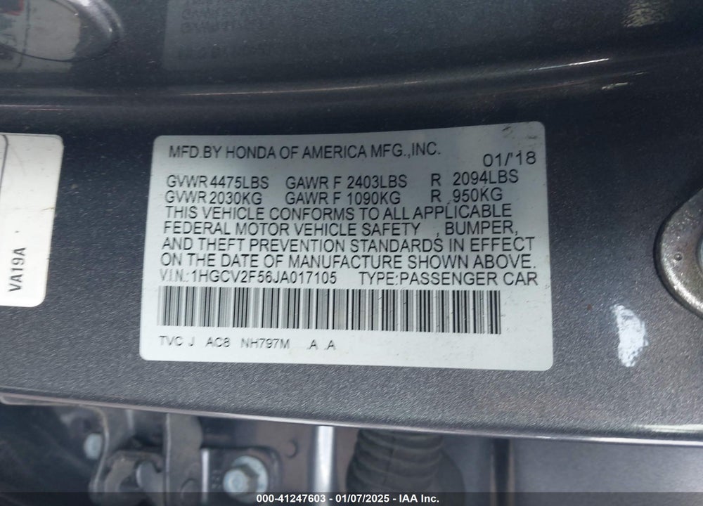2018 HONDA ACCORD EX-L 2.0T VIN: 1HGCV2F56JA017105