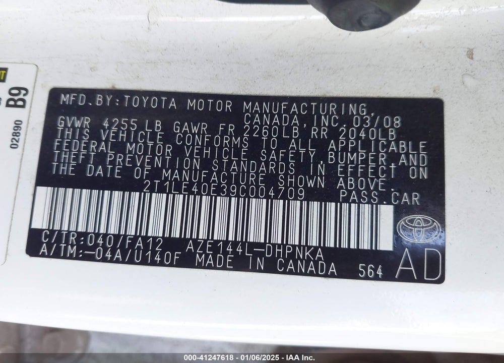 2009 TOYOTA COROLLA MATRIX VIN: 2T1LE40E39C004709
