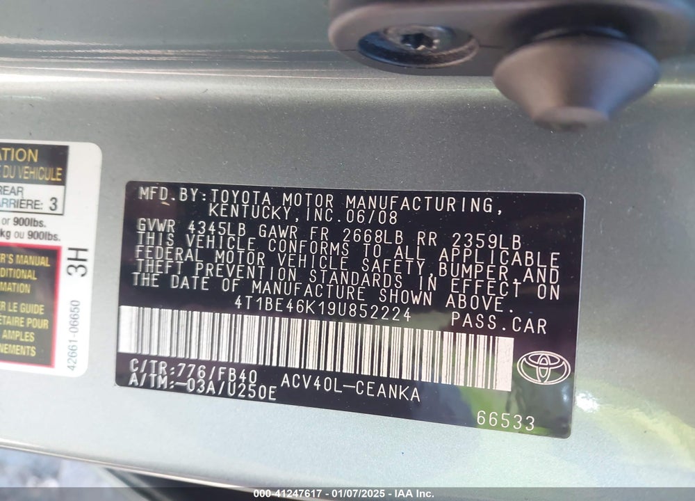 2009 TOYOTA CAMRY LE VIN: 4T1BE46K19U852224