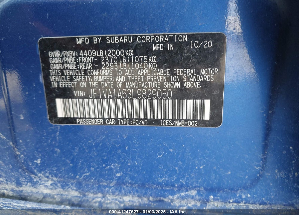 2020 SUBARU WRX VIN: JF1VA1A63L9829050