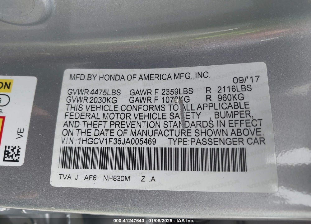 2018 HONDA ACCORD SPORT VIN: 1HGCV1F35JA005469
