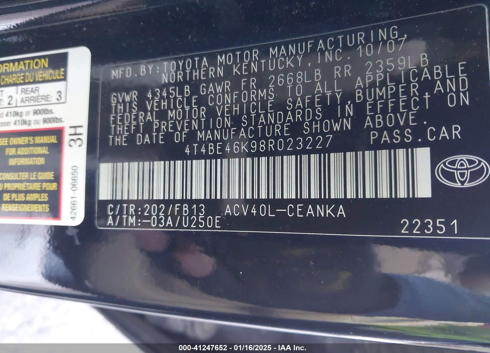 2008 TOYOTA CAMRY VIN: 4T4BE46K98R023227