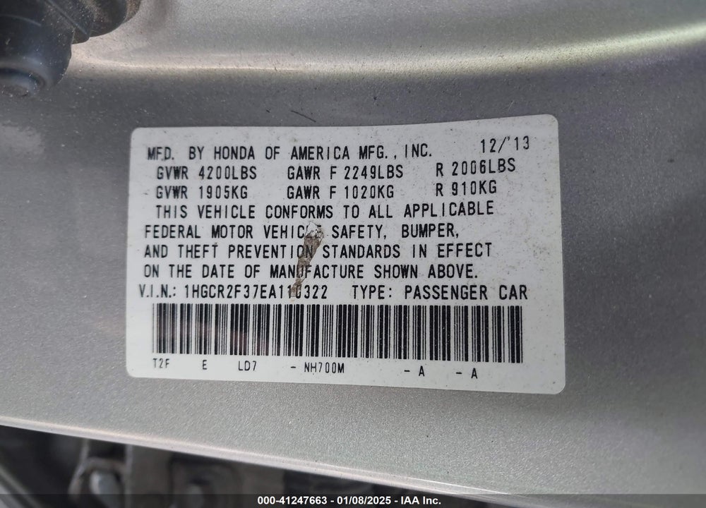 2014 HONDA ACCORD LX VIN: 1HGCR2F37EA110322