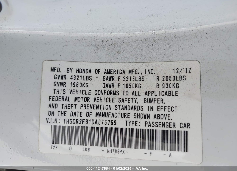 2013 HONDA ACCORD EX-L VIN: 1HGCR2F81DA075769