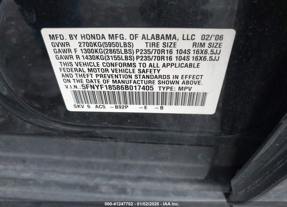 2006 HONDA PILOT EX-L VIN: 5FNYF18586B017405