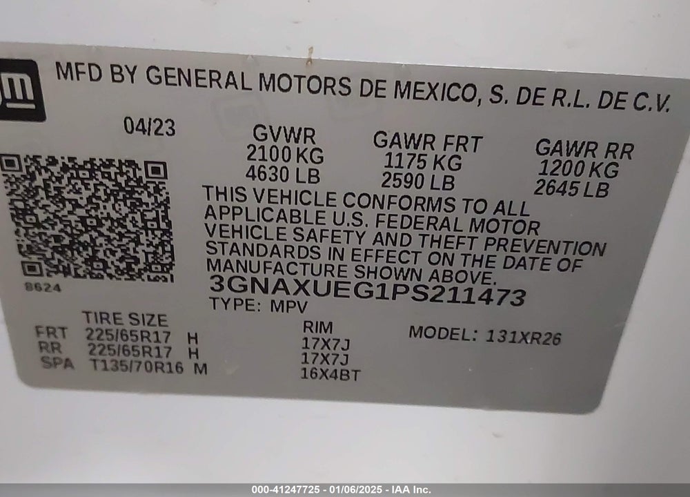 2023 CHEVROLET EQUINOX AWD LT VIN: 3GNAXUEG1PS211473